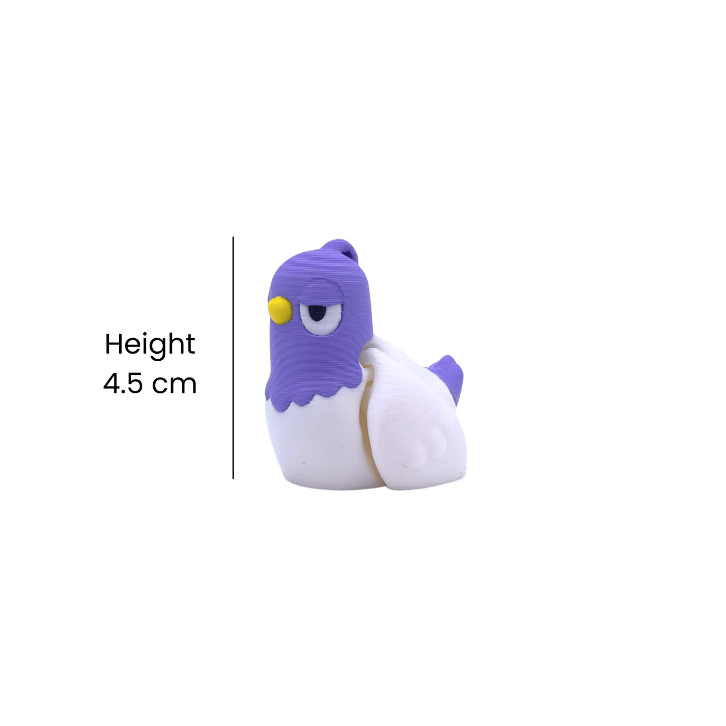 Small purple and white pigeon figurine with height measurement on a white background