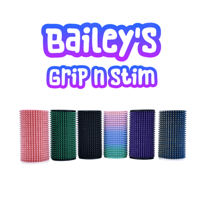 Baileys Grip and Stim products in various colors, showcasing solid construction and spike texture for tactile feedback.