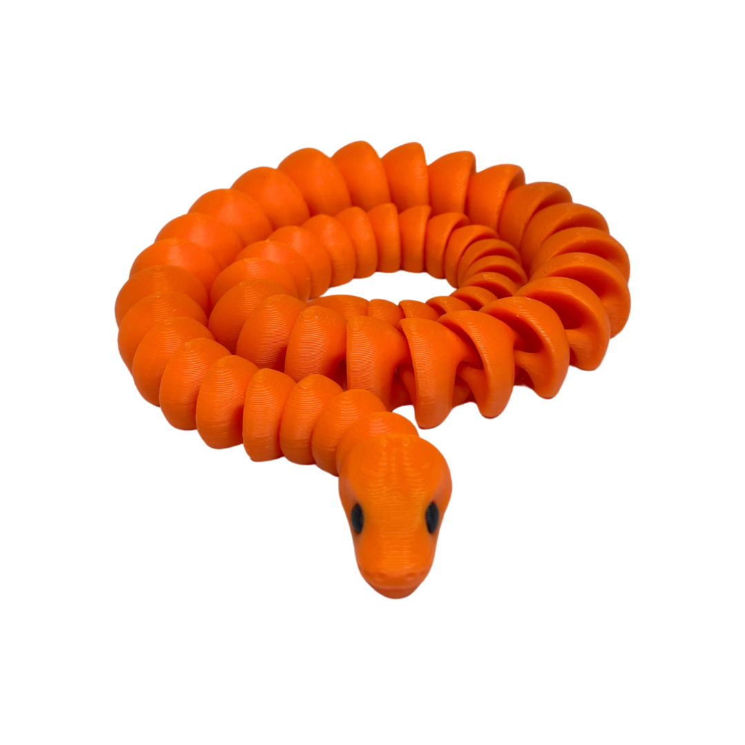 An orange snake fidget toy with articulated segments, designed for use as a stress relief item or a sensory tool.