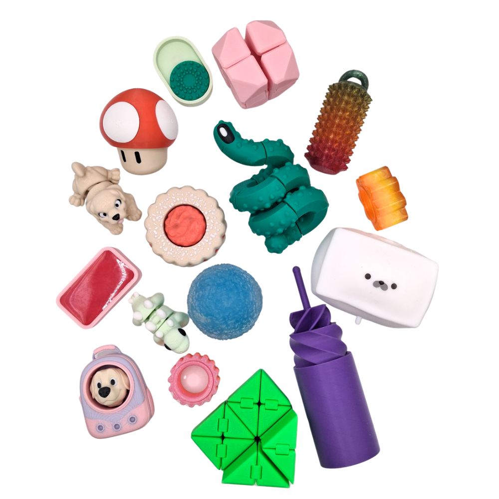 a selection of colourful fidget toys