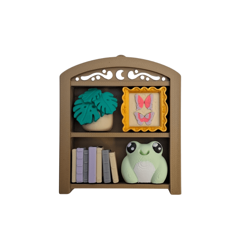 Book nook clicker sensory fidget toys in wood effect with white detailing, 4 custom buttons