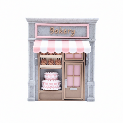 Model of a bakery shop with a pink sign and display case on a white background