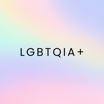 LGBTQIA+ logo on a pastel gradient background representing inclusivity and community.