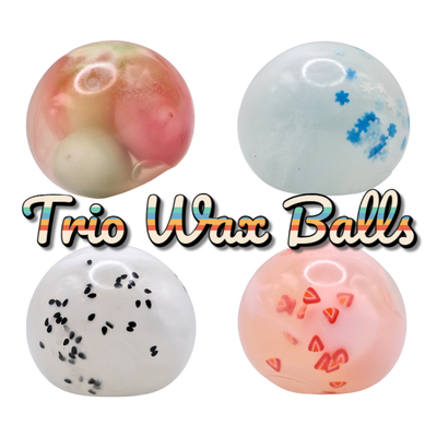 Triple wax ball squishy with 3 wax balls that can be broken to release a thickening agent to create a unique squish