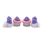 Four cartoon-like pigeon figurines with purple heads and white bodies, sitting on pink donut-shaped cushions, on a white background.