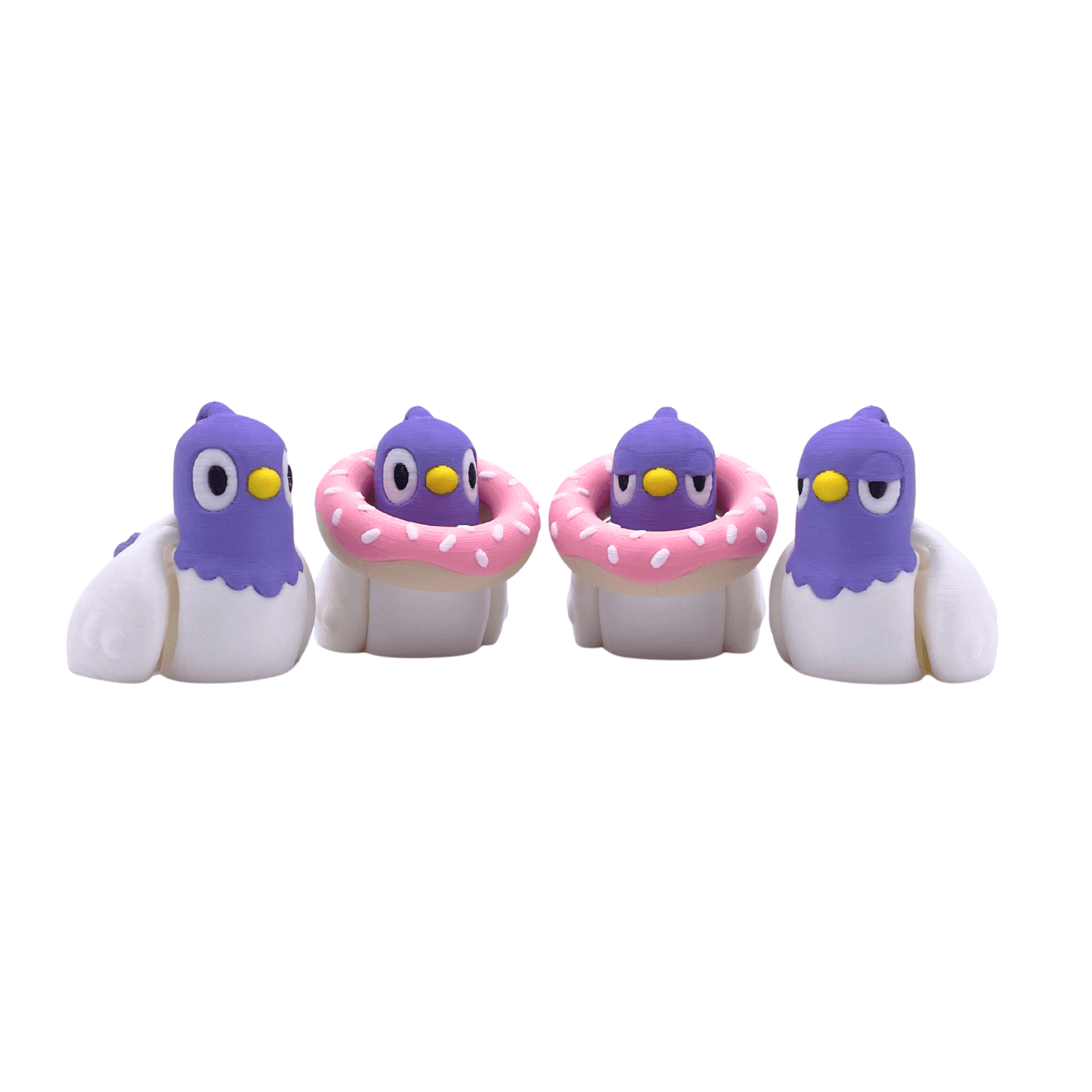 Four cartoon-like pigeon figurines with purple heads and white bodies, sitting on pink donut-shaped cushions, on a white background.