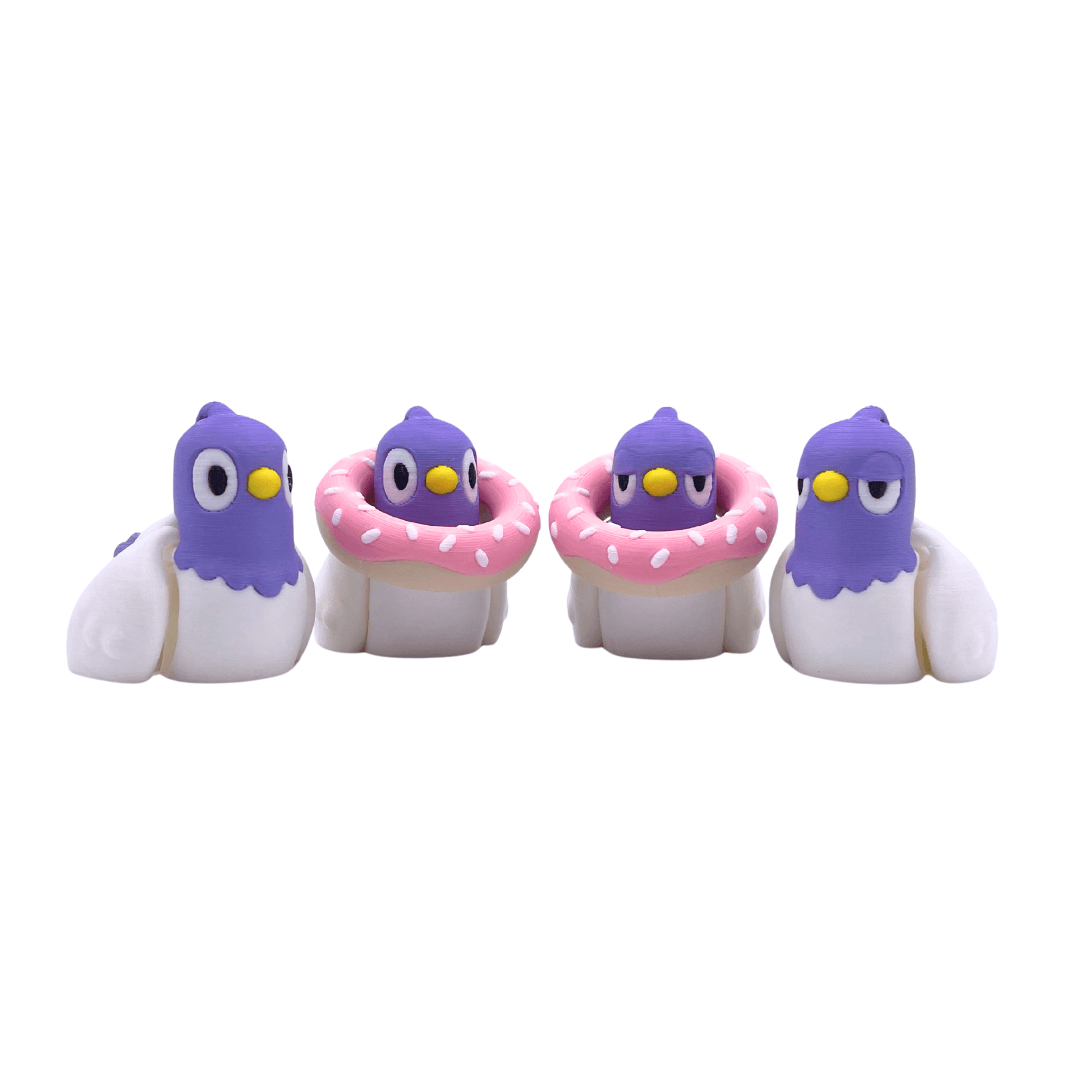 Four cartoon-like pigeon figurines with purple heads and white bodies, sitting on pink donut-shaped cushions, on a white background.