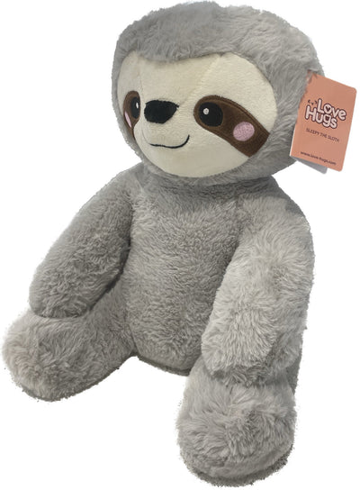 Plush sloth toy with a visible brand tag on a white background