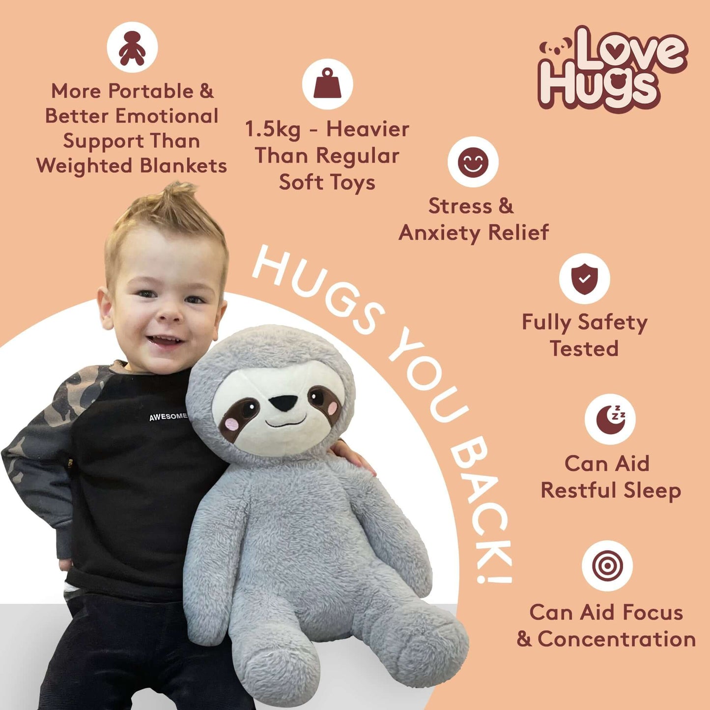 Child hugging a sloth weighted stuffed animal for anxiety, showcasing emotional support and stress relief benefits.