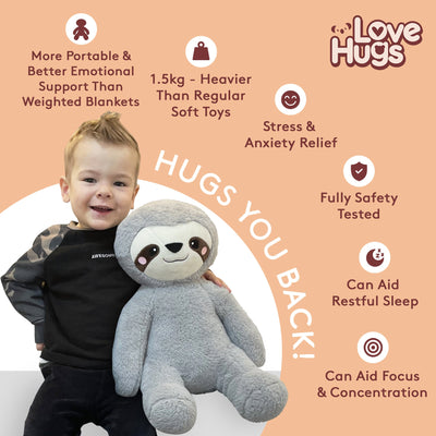 Child holding a gray sloth-shaped plush toy with product features on a peach background
