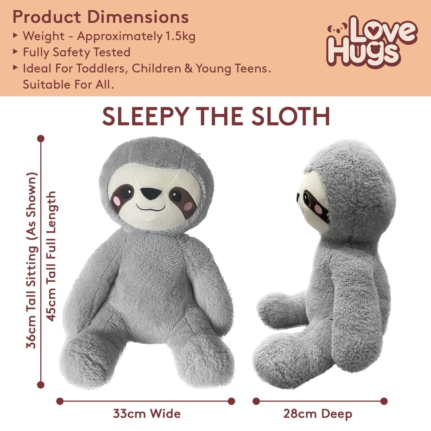 Weighted stuffed animal for anxiety, Sleepy the Sloth, 1.5kg, cuddly and calming for stress relief.