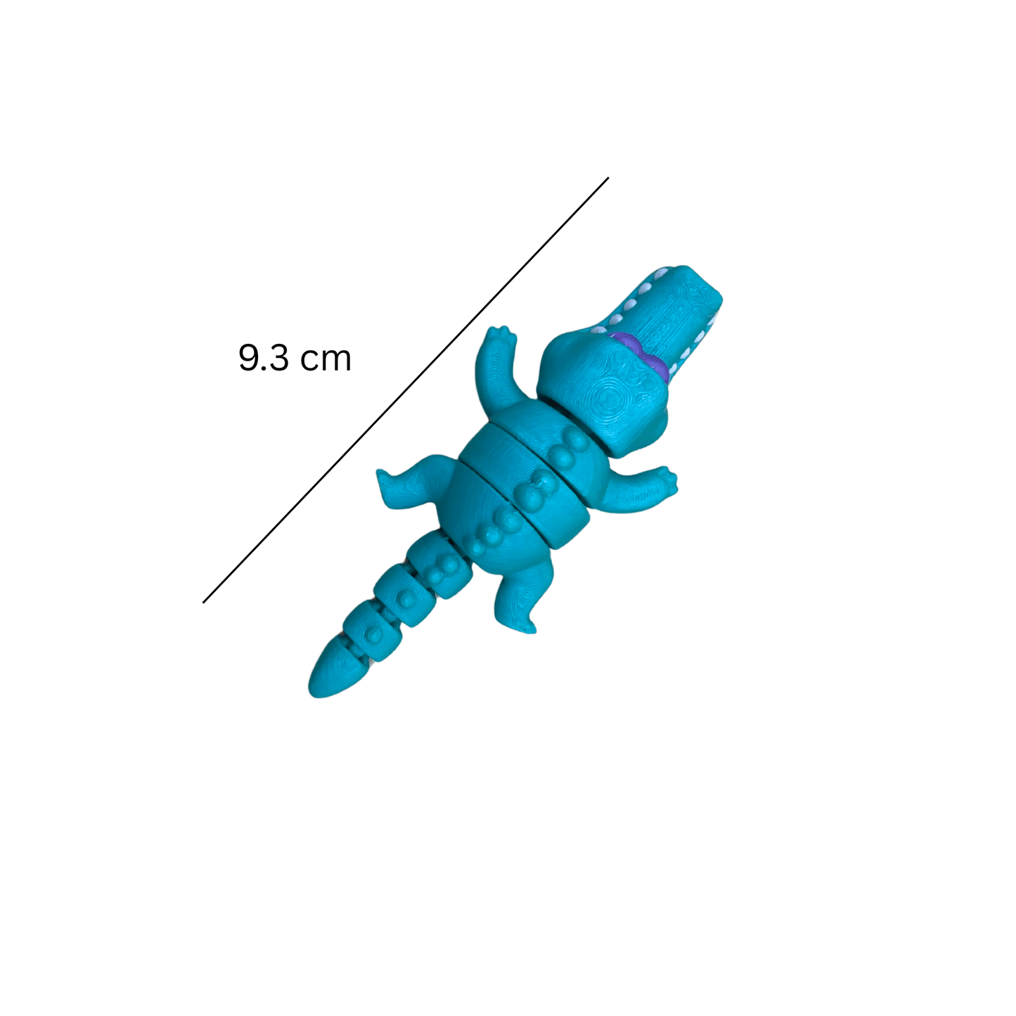 Blue toy lizard with measurement label on a white background