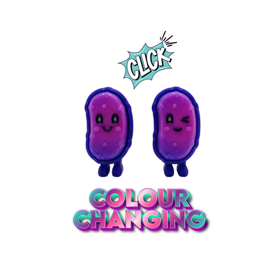 Purple Pickle color-changing textured clicker fidget toy, shifts from purple to pink with heat, perfect for ASMR and stress relief.