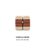 Four rectangular vanilla bean-shaped items arranged in a 2x2 grid on a white background, with text below reading 'VANILLA BEAN' and 'BIEGE AND BROWN'. The items have a warm beige patterned top and bottom with a medium brown textured center band.