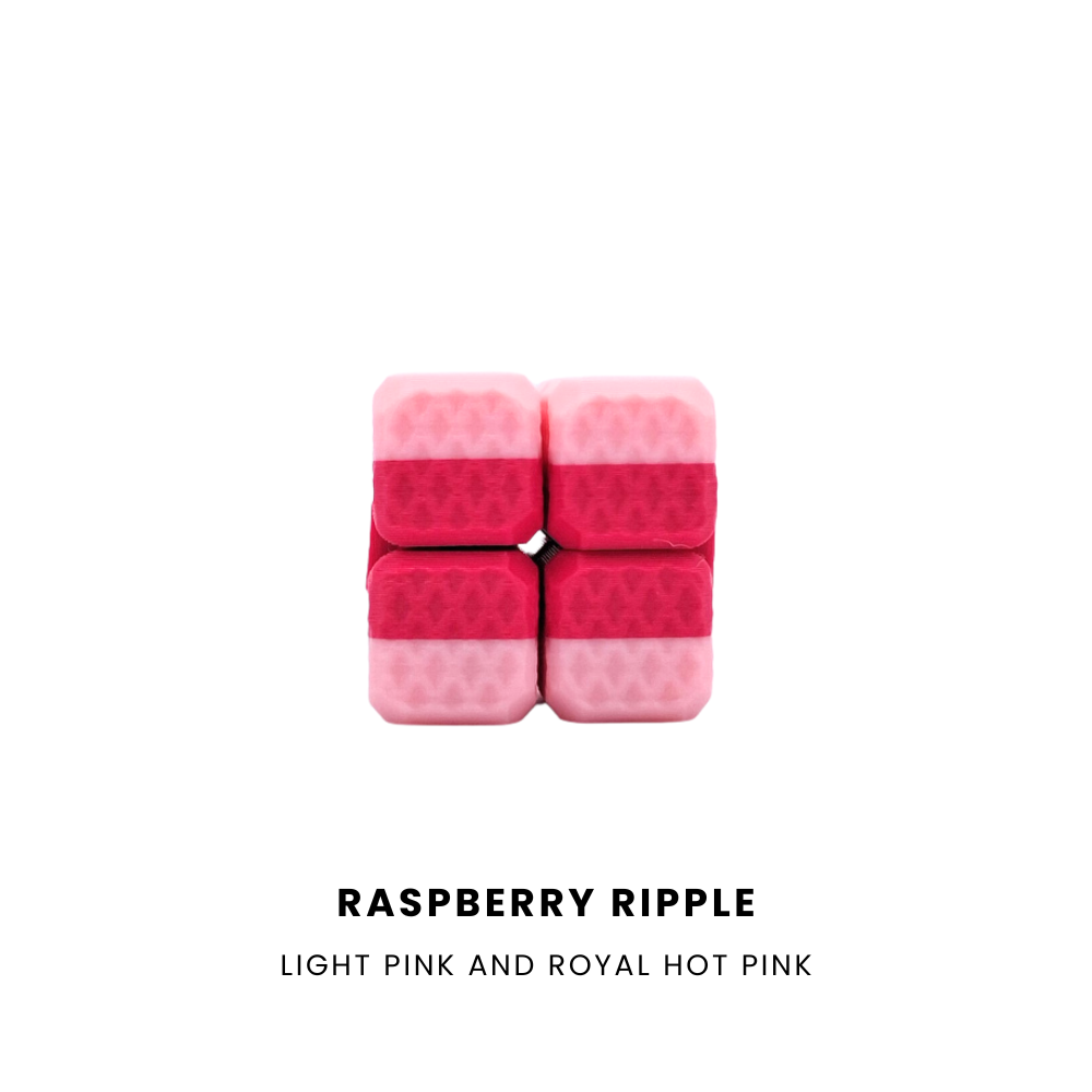 Four square pink textured items arranged in a 2x2 grid on a white background, with text below reading 'RASPBERRY RIPPLE' and 'LIGHT PINK AND ROYAL HOT PINK'.