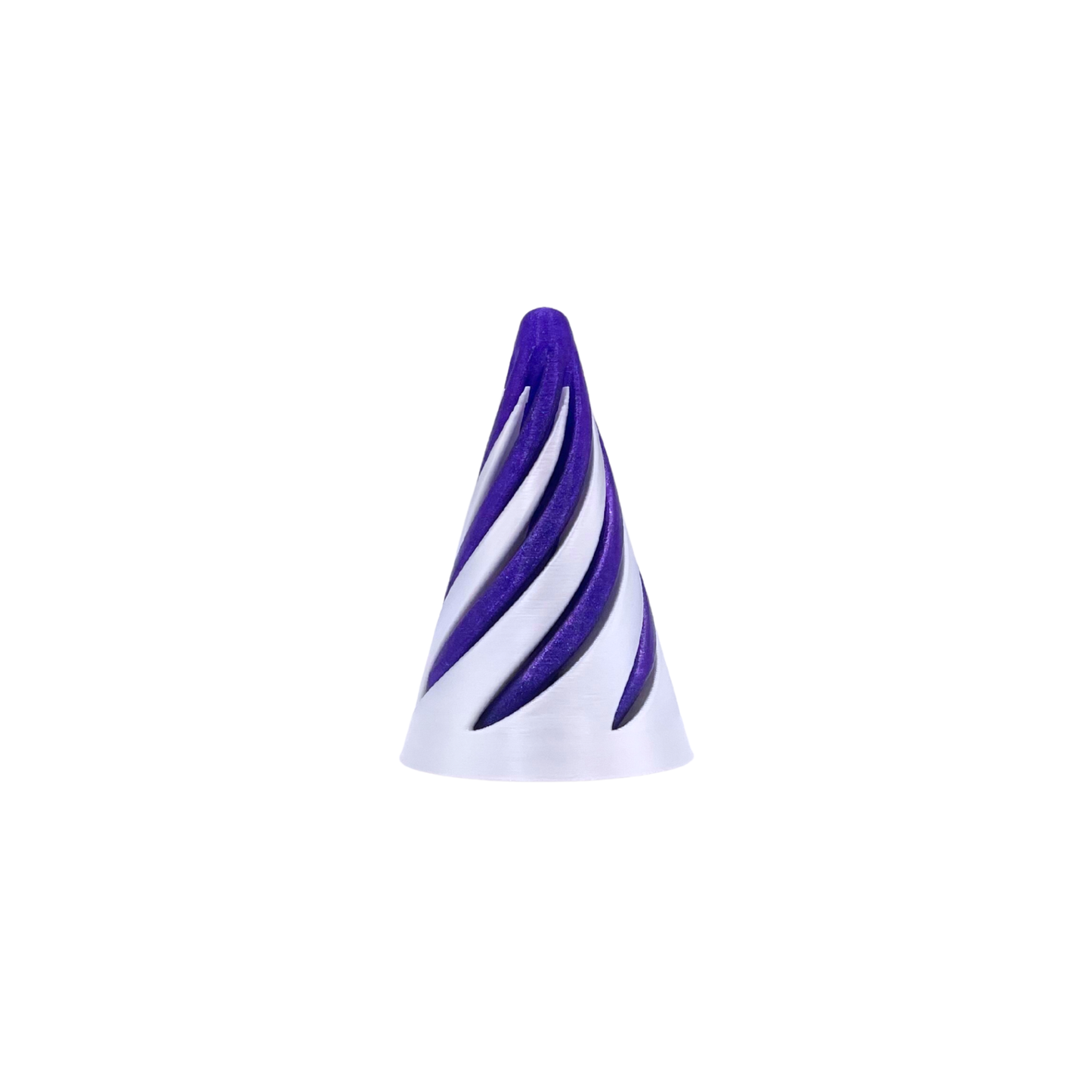Purple and white striped cone-shaped fidget toy on a white background