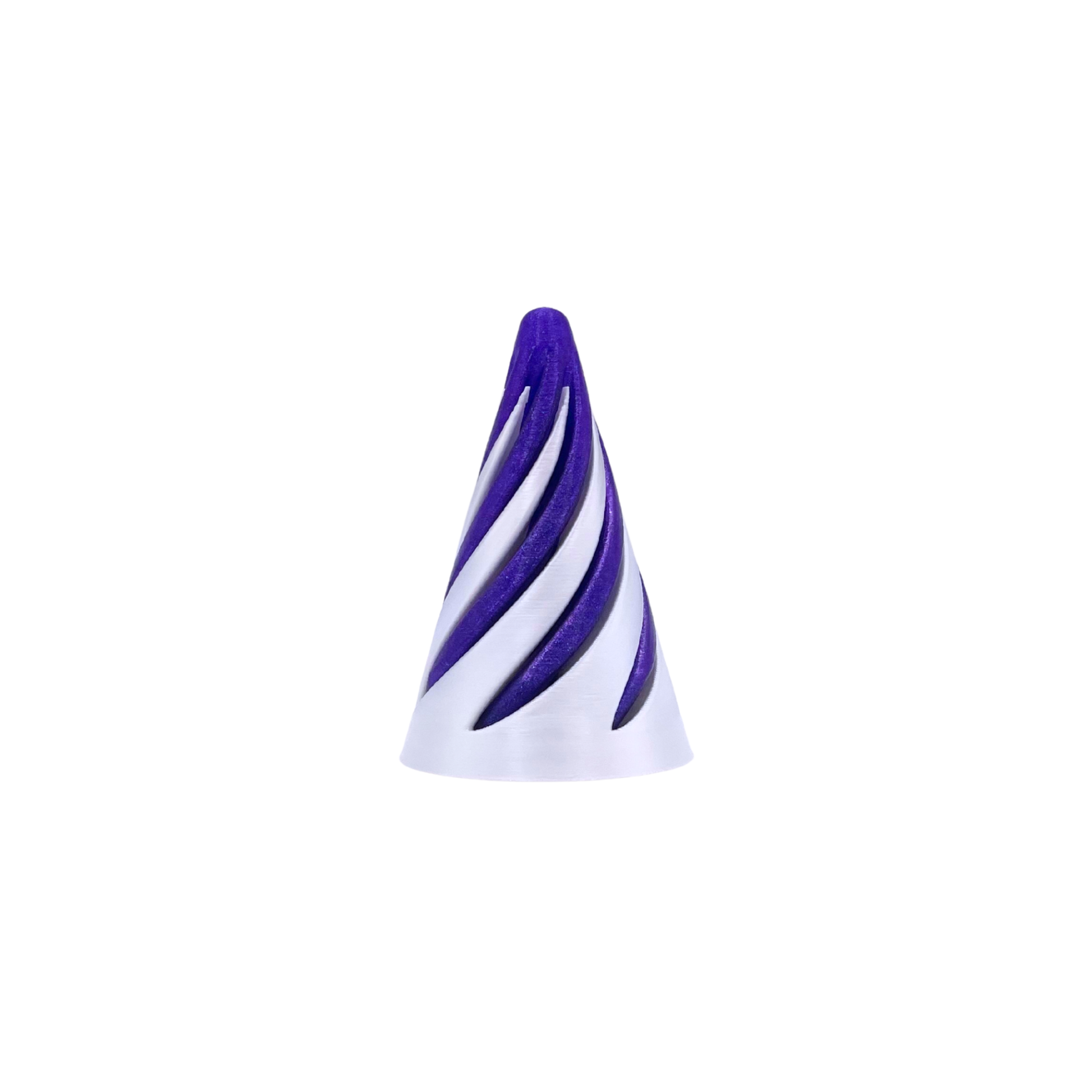 Purple and white striped cone-shaped fidget toy on a white background