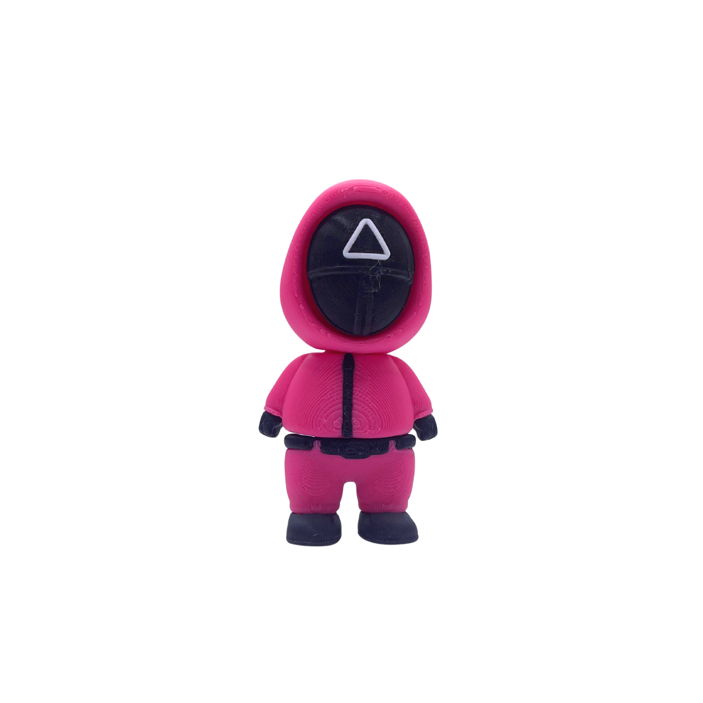 Squid Game Guard Clicker Fidget Toy, pink collectible with hood, perfect for ASMR and fidgeting.