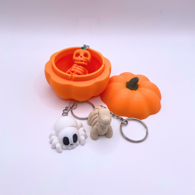 Pumpkin Bundle with storage container and 3 Halloween keyrings—ghost spider, skeleton brontosaurus, and pumpkin skeleton—unique festive gift set.