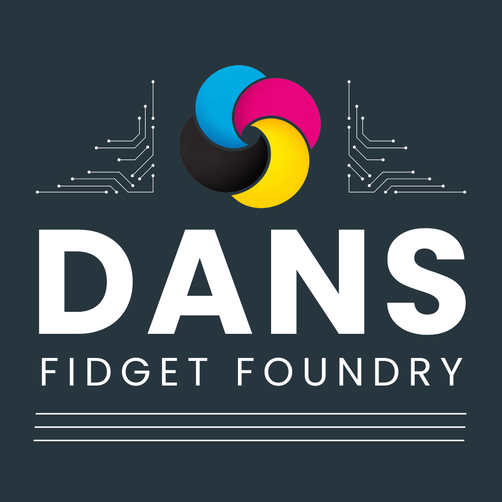 Logo of DANS Fidget Foundry with colorful circular design and text on a dark background