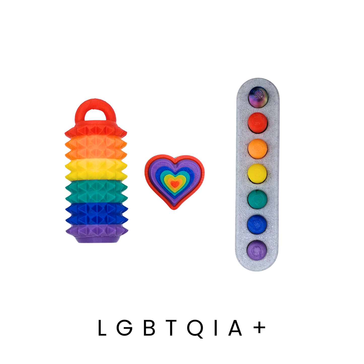 LGBTQI + Fidgets pack featuring a rainbow heart clicker and bubble push fidget toys.