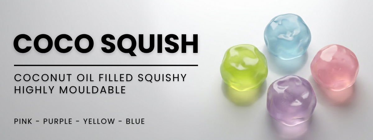 Coco Squish coconut oil filled squishy toys in various colors on a white background.