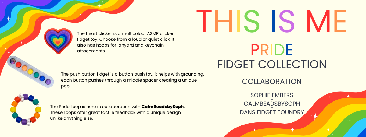 A promotional graphic for the 'This Is Me Pride Fidget Collection' collaboration. The design features a white background with a vibrant rainbow border, showcasing several colorful fidget toys including a multicolor ASMR clicker, a heart-shaped push button, and a Pride loop.