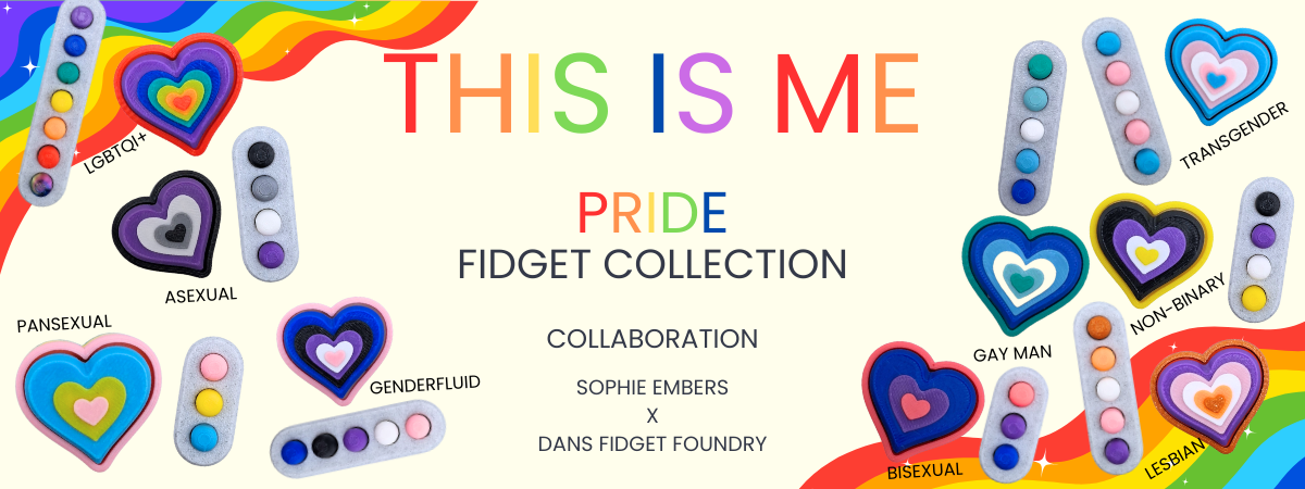 Pride-themed fidget collection with colorful hearts and text on a white background