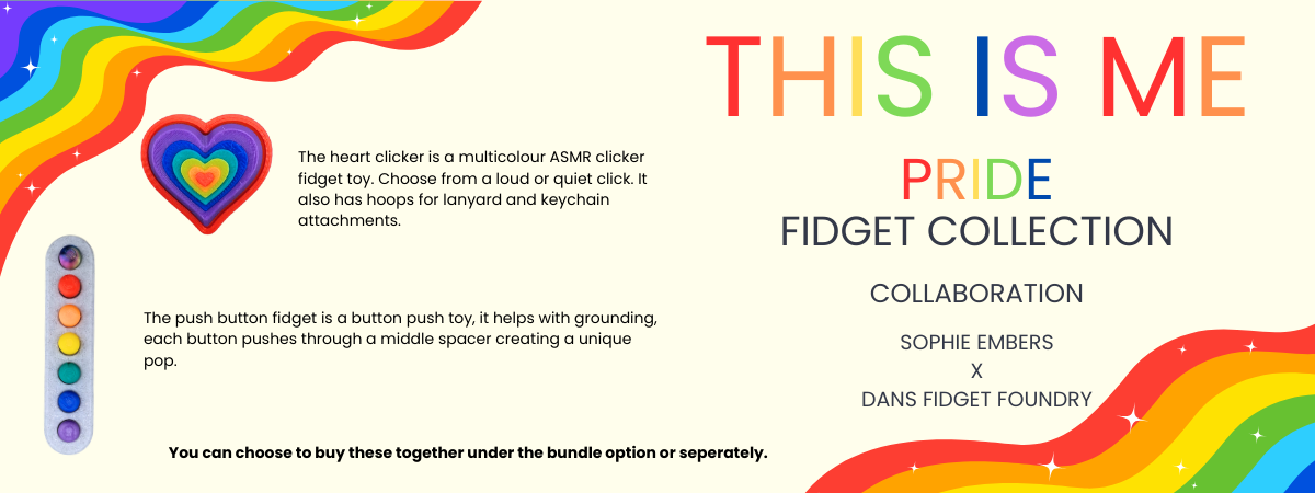 Pride-themed fidget collection with colorful design and text.
