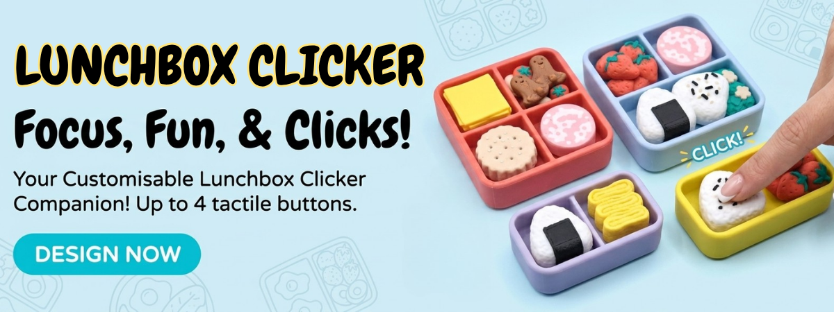 Lunchbox Clicker with colorful compartments and a hand pressing a button, on a blue background.