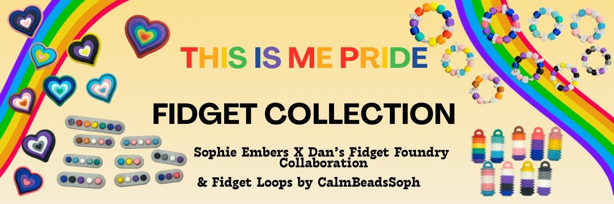 Promotional graphic for the 'This Is Me Pride Fidget Collection' featuring a rainbow, heart-shaped beads, colorful fidget loops, and small fidget beads on a light beige background.