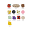 Assorted food items including strawberries, bread, croissants, cheese, cookies, deviled eggs, ham, green grapes, purple grapes, mixed berries, and crackers on a white background.