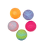 Five textured stress balls in assorted colors including orange, purple, pink, green, and blue, arranged on a plain white background.