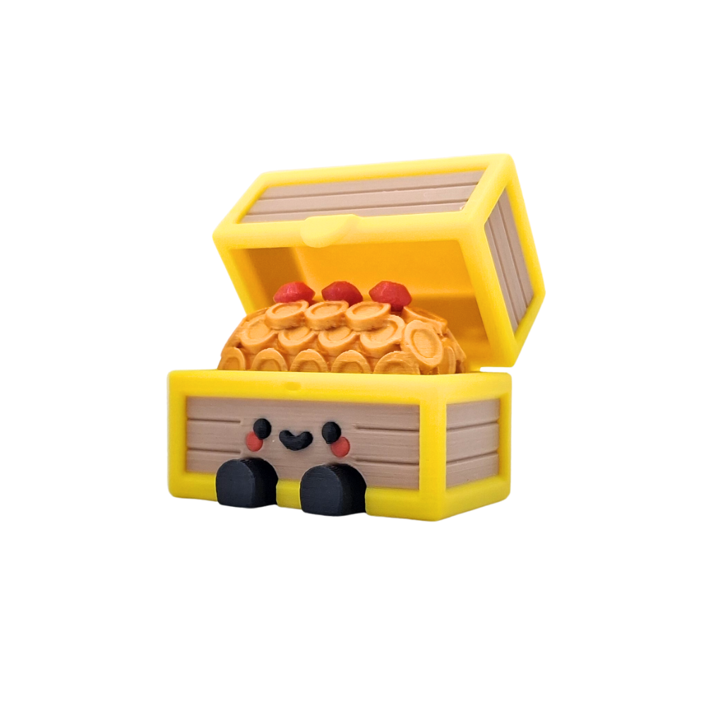 Colorful Treasure Clicker toy chest with a happy face and movable legs, designed for kids and collectors.