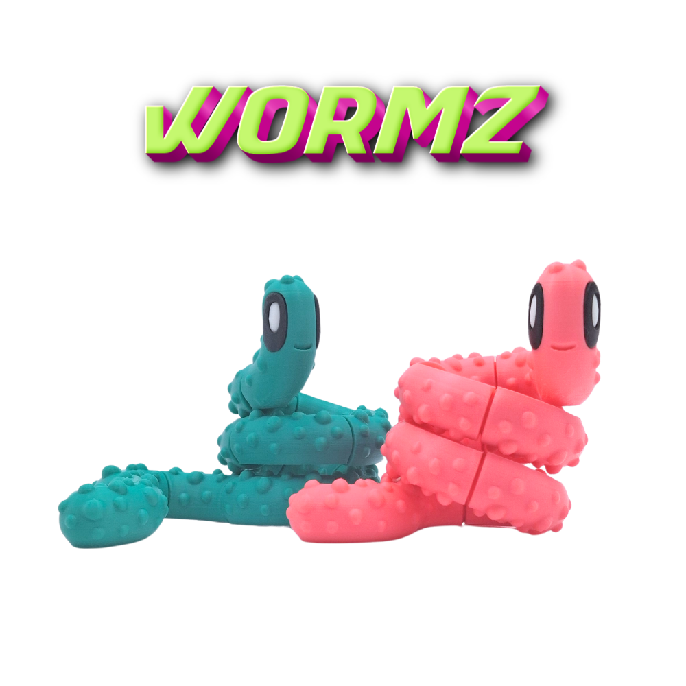 Wormz fidget toy with 12 rotatable segments in sea green and hot pink colors, designed for tactile feedback.