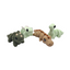 Four dinosaur-shaped toys in different colors on a white background