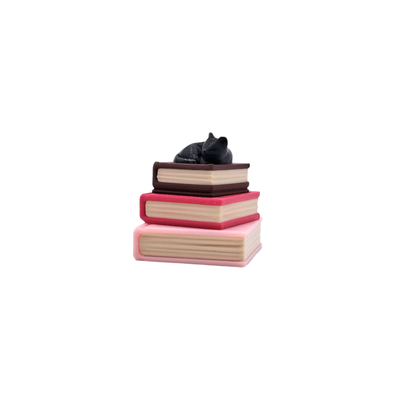 Book stack clicker with sleeping black cat top button