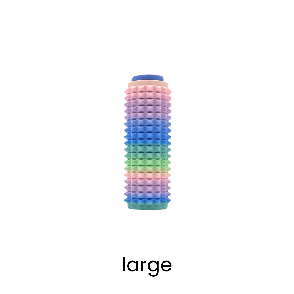 Large pain stim clickers in a pastel rainbow gradient with a spiky cylinder design.