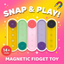 Colorful magnetic fidget toy with 'Snap & Play!' text on a pink and yellow gradient background.