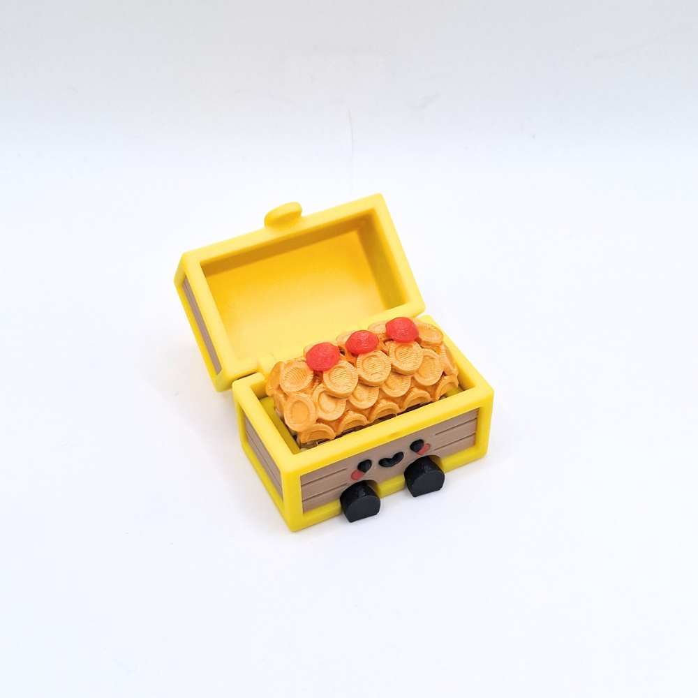 Treasure Clicker featuring a charming treasure chest design with coins and an adorable face.